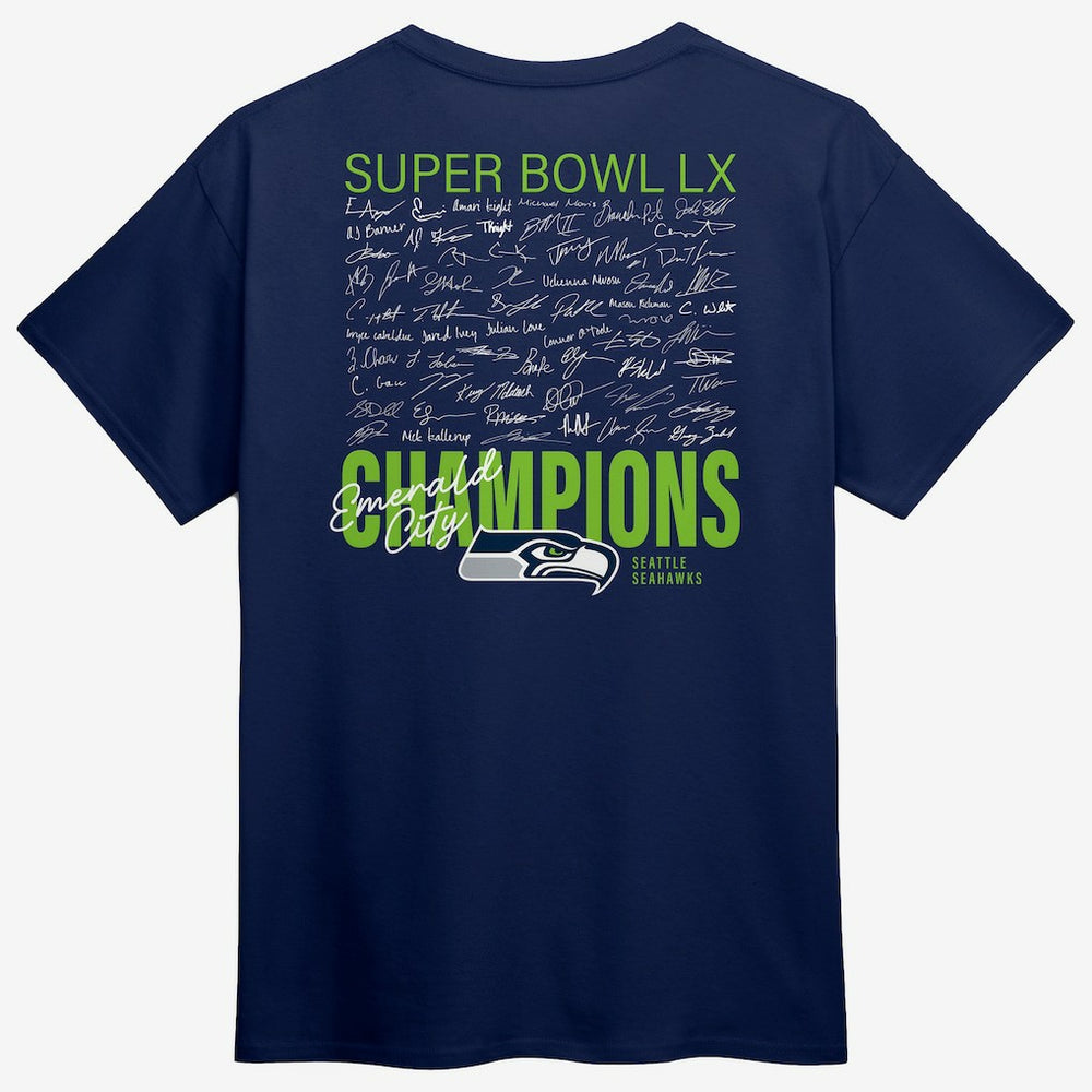 Seattle Seahawks Super Bowl LX Champions Big & Tall Autograph Signing Roster T-Shirt College Navy | Fanatics