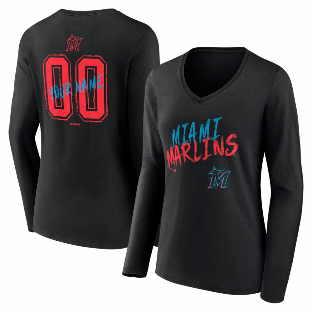 Miami Marlins Women's Hustle Personalized Name & Number Long Sleeve V-Neck T-Shirt - MLB