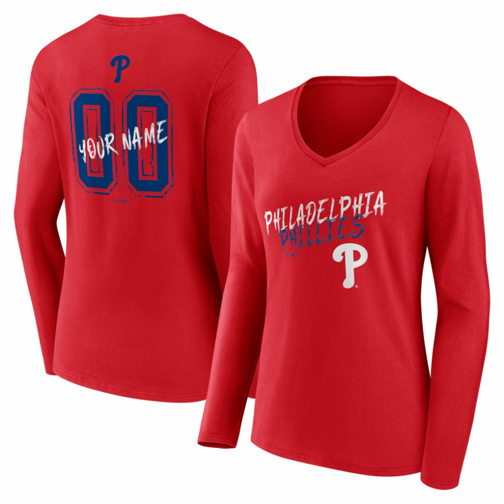Philadelphia Phillies Women's Hustle Personalized Name & Number Long Sleeve V-Neck T-Shirt - MLB