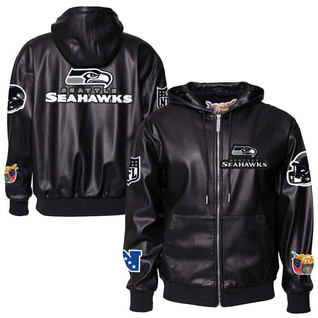 Seattle Seahawks Jeff Hamilton Vegan Leather Full-Zip Hooded Jacket Black | NFL