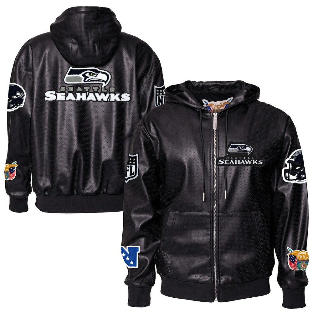 Seattle Seahawks Jeff Hamilton Vegan Leather Full-Zip Hooded Jacket Black | NFL
