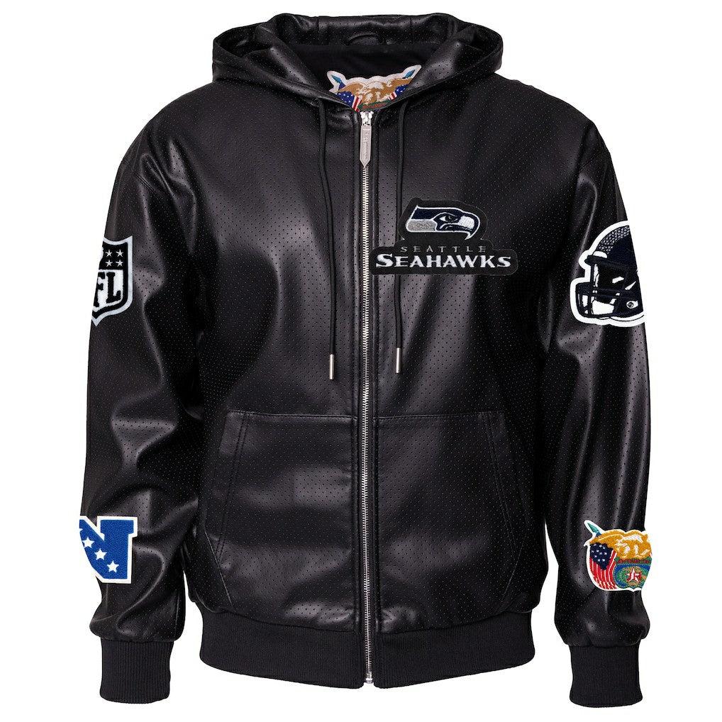 Seattle Seahawks Jeff Hamilton Vegan Leather Full-Zip Hooded Jacket Black | NFL