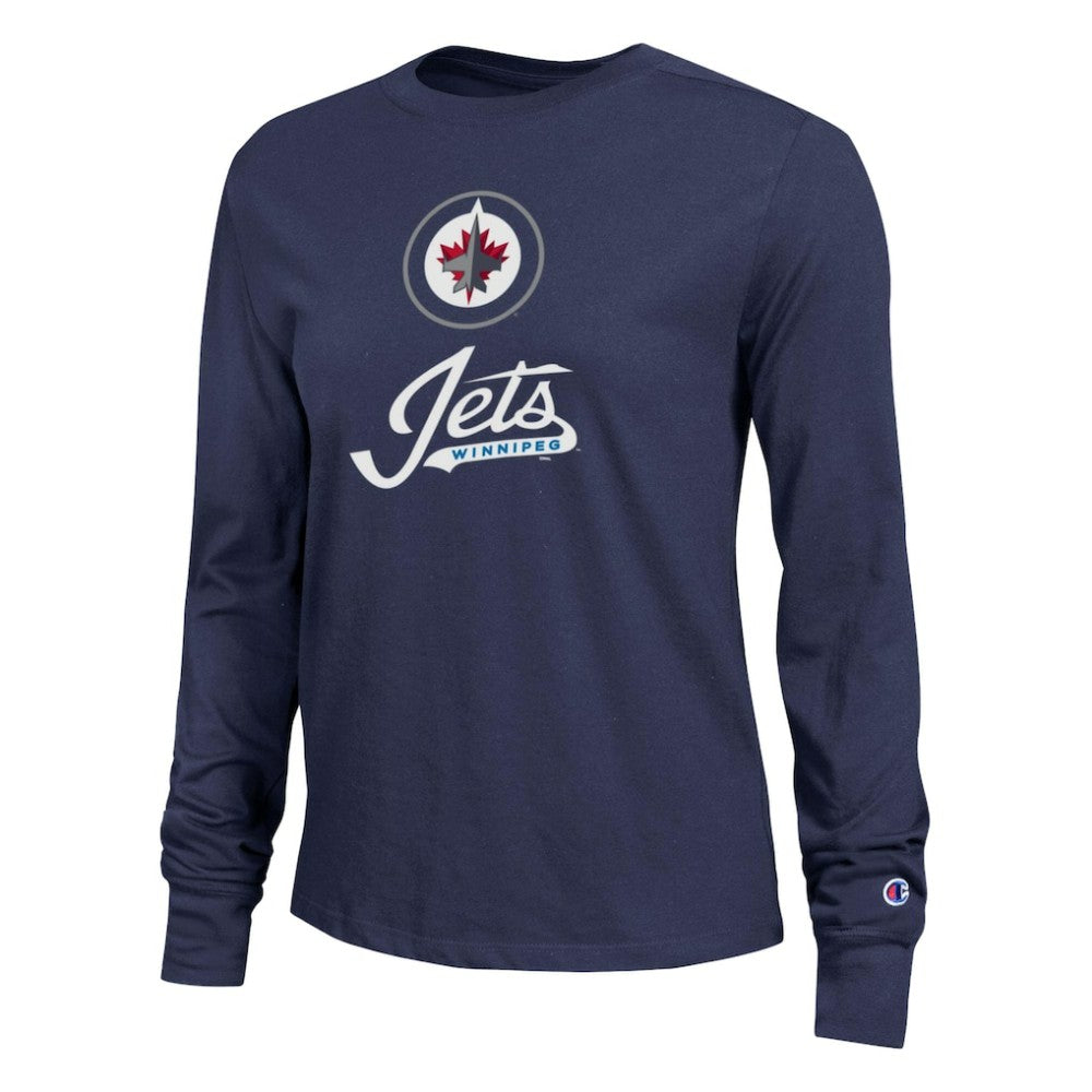 Winnipeg Jets Champion Women's Wordmark Lockup Long Sleeve T-Shirt - Navy - NHL