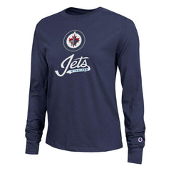 Winnipeg Jets Champion Women's Wordmark Lockup Long Sleeve T-Shirt - Navy - NHL