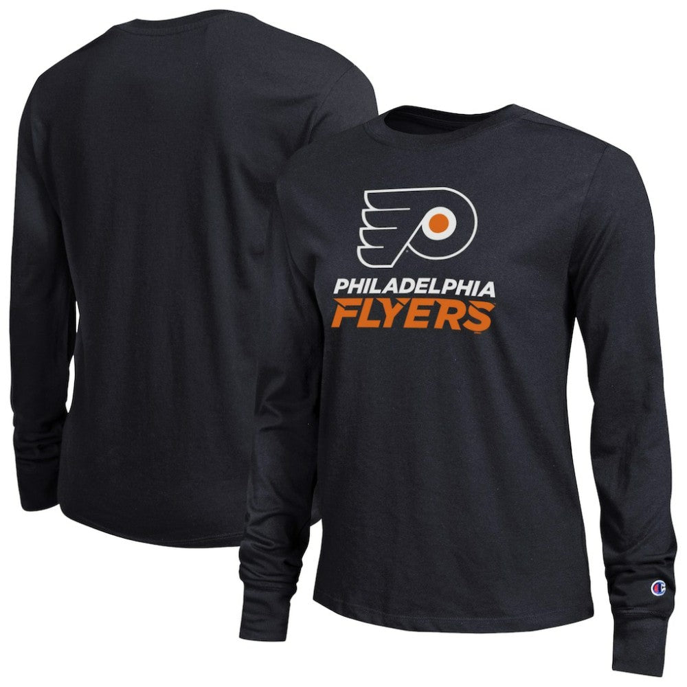Philadelphia Flyers Champion Women's Wordmark Lockup Long Sleeve T-Shirt - Black - NHL