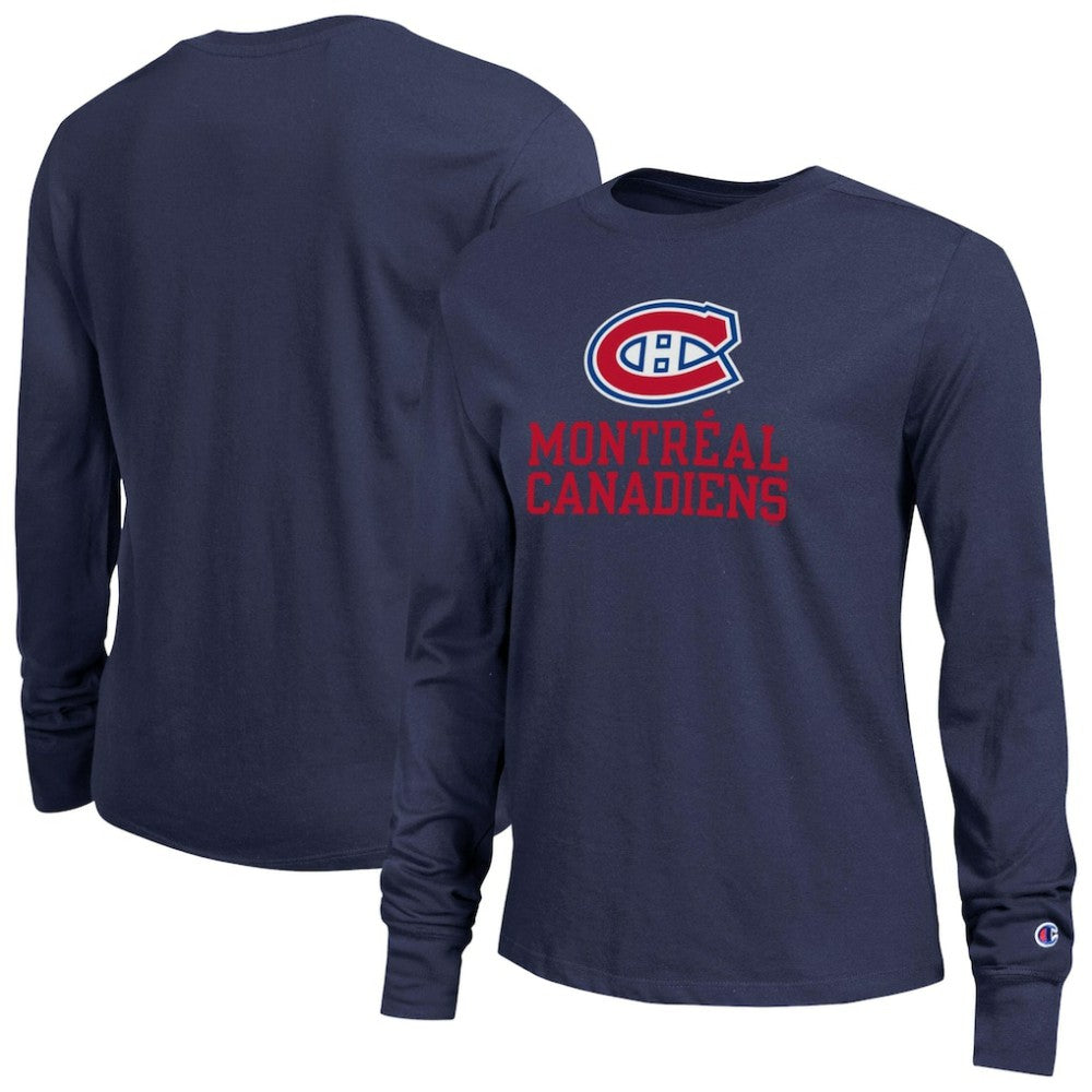 Montreal Canadiens Champion Women's Wordmark Lockup Long Sleeve T-Shirt - Navy - NHL