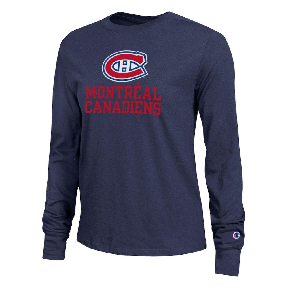 Montreal Canadiens Champion Women's Wordmark Lockup Long Sleeve T-Shirt - Navy - NHL