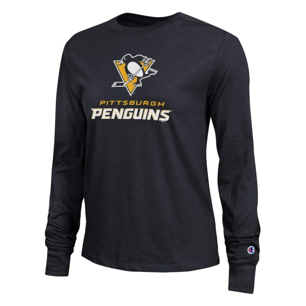 Pittsburgh Penguins Champion Women's Wordmark Lockup Long Sleeve T-Shirt - Black - NHL
