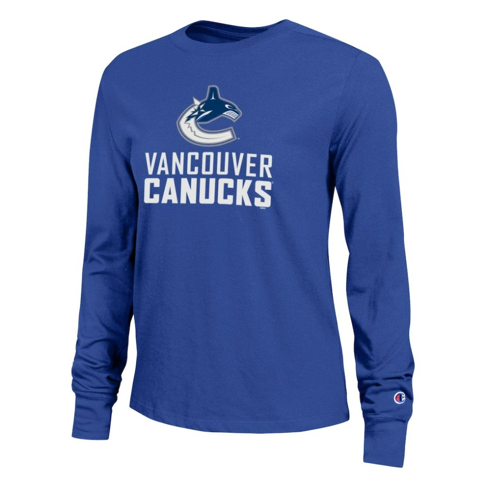 Vancouver Canucks Champion Women's Wordmark Lockup Long Sleeve T-Shirt - Royal - NHL