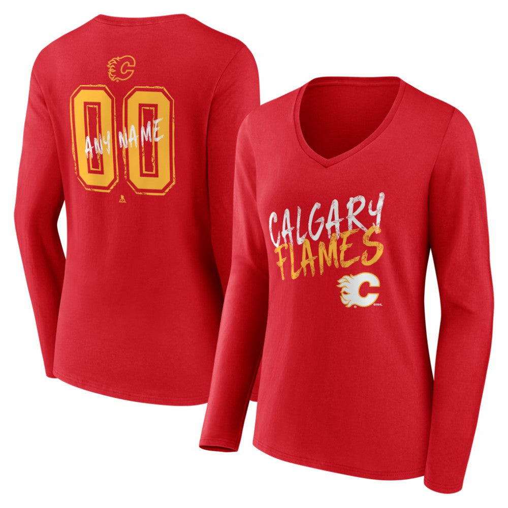 Calgary Flames Women's Hustle Personalized Name & Number Long Sleeve V-Neck T-Shirt - Red - NHL