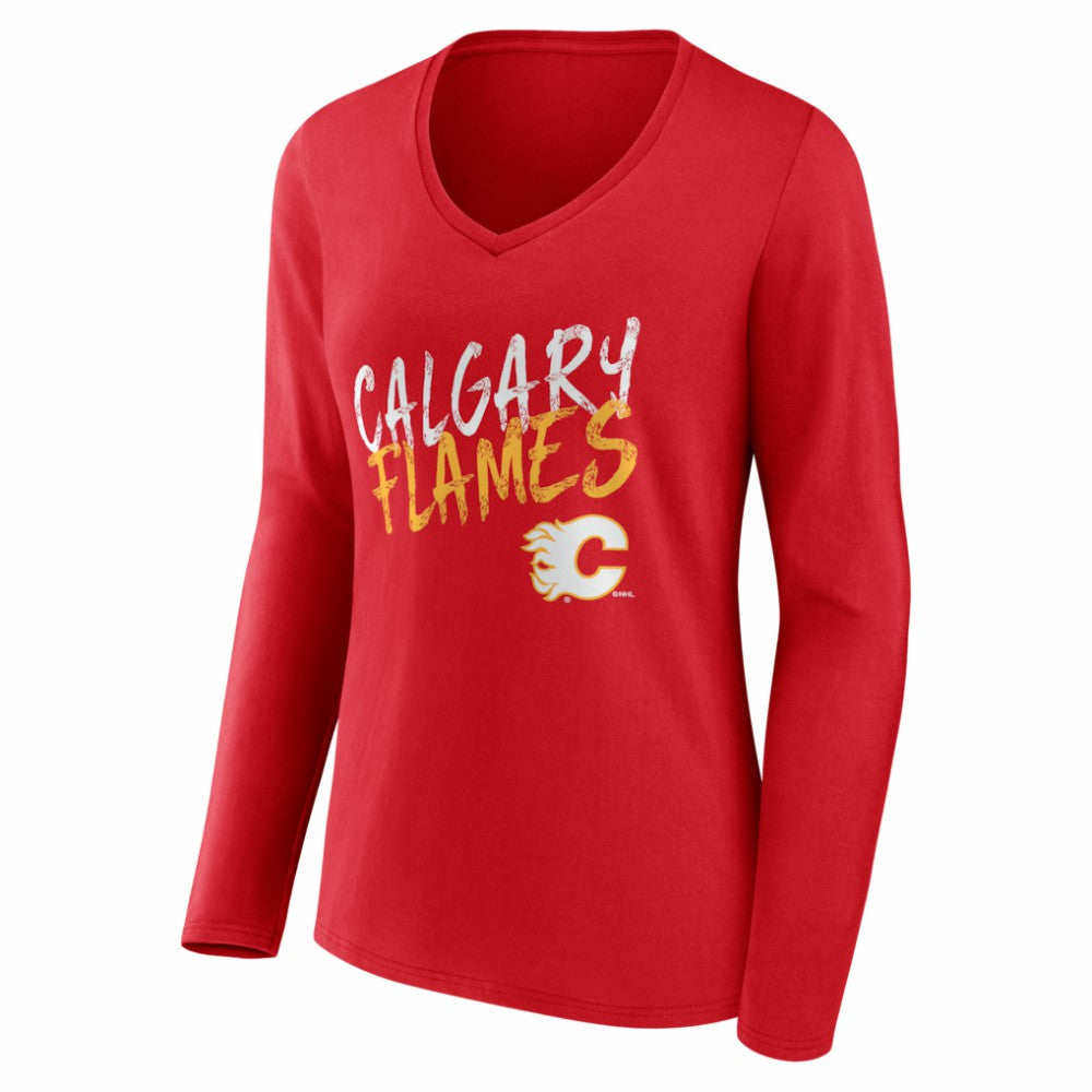 Calgary Flames Women's Hustle Personalized Name & Number Long Sleeve V-Neck T-Shirt - Red - NHL