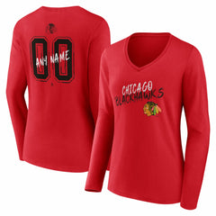 Chicago Blackhawks Women's Hustle Personalized Name & Number Long Sleeve V-Neck T-Shirt - Red - NHL