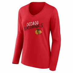 Chicago Blackhawks Women's Hustle Personalized Name & Number Long Sleeve V-Neck T-Shirt - Red - NHL