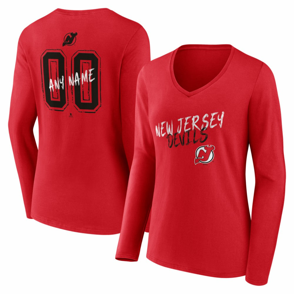 New Jersey Devils Women's Hustle Personalized Name & Number Long Sleeve V-Neck T-Shirt - Red - NHL