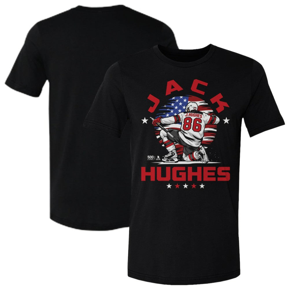 Jack Hughes US Men's Hockey 500 Level Flag T-Shirt - Black - NHL
