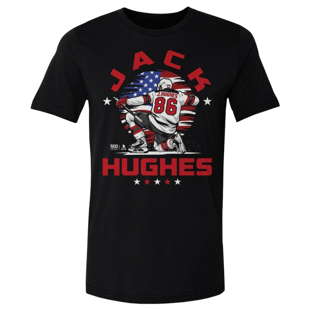 Jack Hughes US Men's Hockey 500 Level Flag T-Shirt - Black - NHL