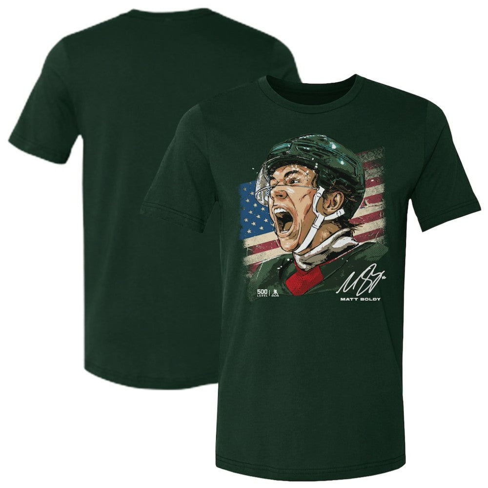Matthew Boldy US Men's Hockey 500 Level Flag T-Shirt - Green - NHL