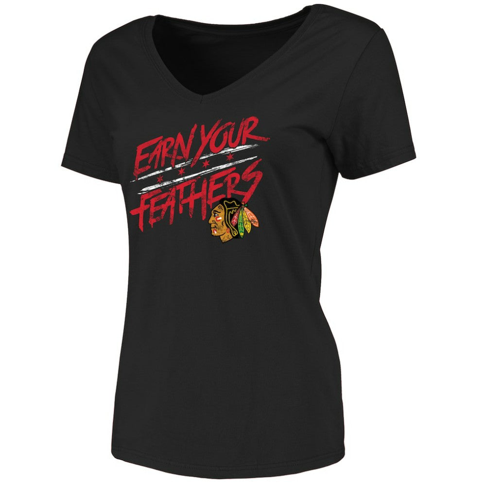 Chicago Blackhawks Women's Hometown Collection Earn Your Feathers T-Shirt - Black - NHL