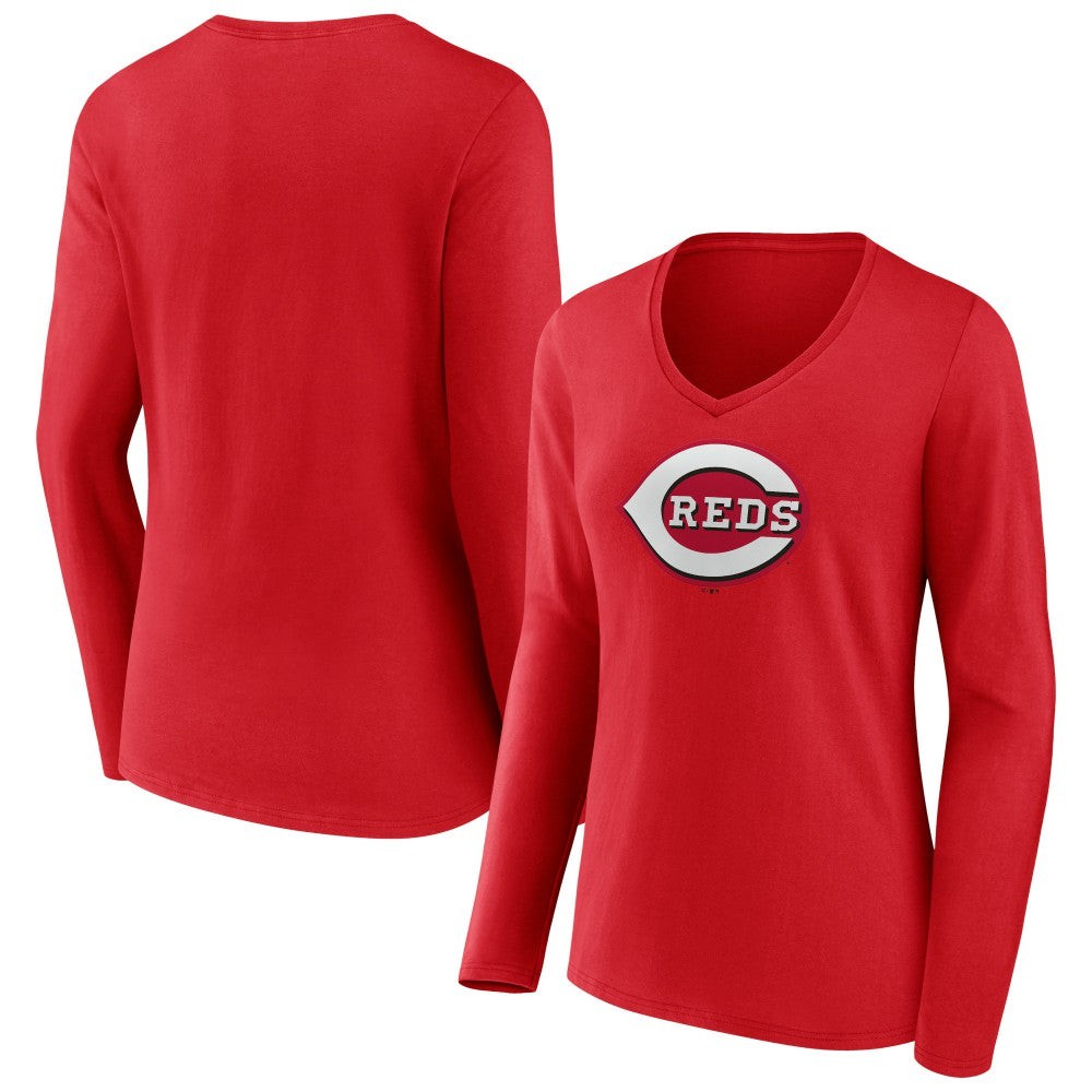 Cincinnati Reds Women's Team Color Primary Logo V-Neck Long Sleeve T-Shirt - MLB