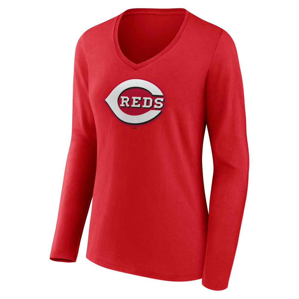 Cincinnati Reds Women's Team Color Primary Logo V-Neck Long Sleeve T-Shirt - MLB