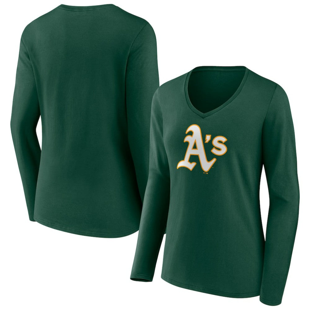 Athletics Women's Team Color Primary Logo V-Neck Long Sleeve T-Shirt - MLB