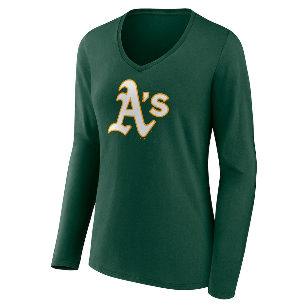 Athletics Women's Team Color Primary Logo V-Neck Long Sleeve T-Shirt - MLB