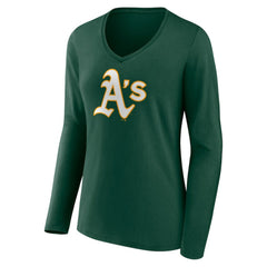 Athletics Women's Team Color Primary Logo V-Neck Long Sleeve T-Shirt - MLB