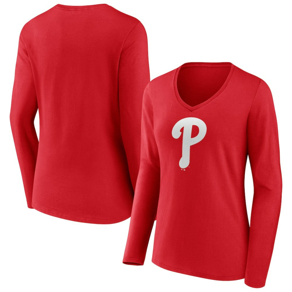 Philadelphia Phillies Women's Team Color Primary Logo V-Neck Long Sleeve T-Shirt - MLB