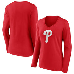 Philadelphia Phillies Women's Team Color Primary Logo V-Neck Long Sleeve T-Shirt - MLB