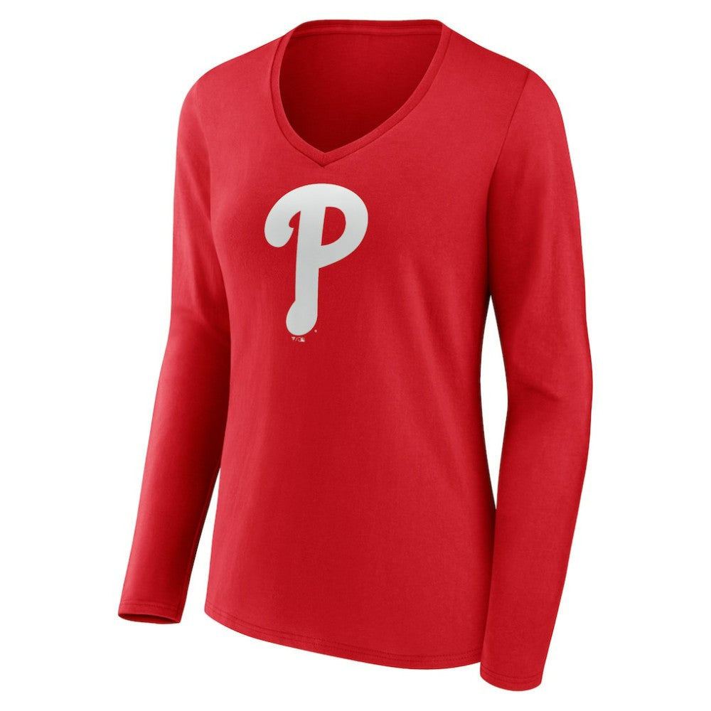 Philadelphia Phillies Women's Team Color Primary Logo V-Neck Long Sleeve T-Shirt - MLB