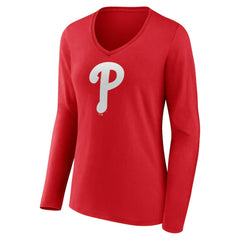 Philadelphia Phillies Women's Team Color Primary Logo V-Neck Long Sleeve T-Shirt - MLB