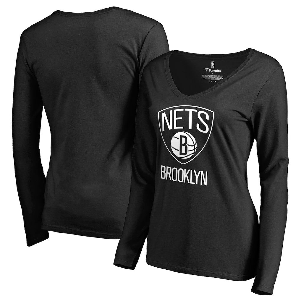 Brooklyn Nets Women's Primary Logo V-Neck Long Sleeve T-Shirt Black - NBA