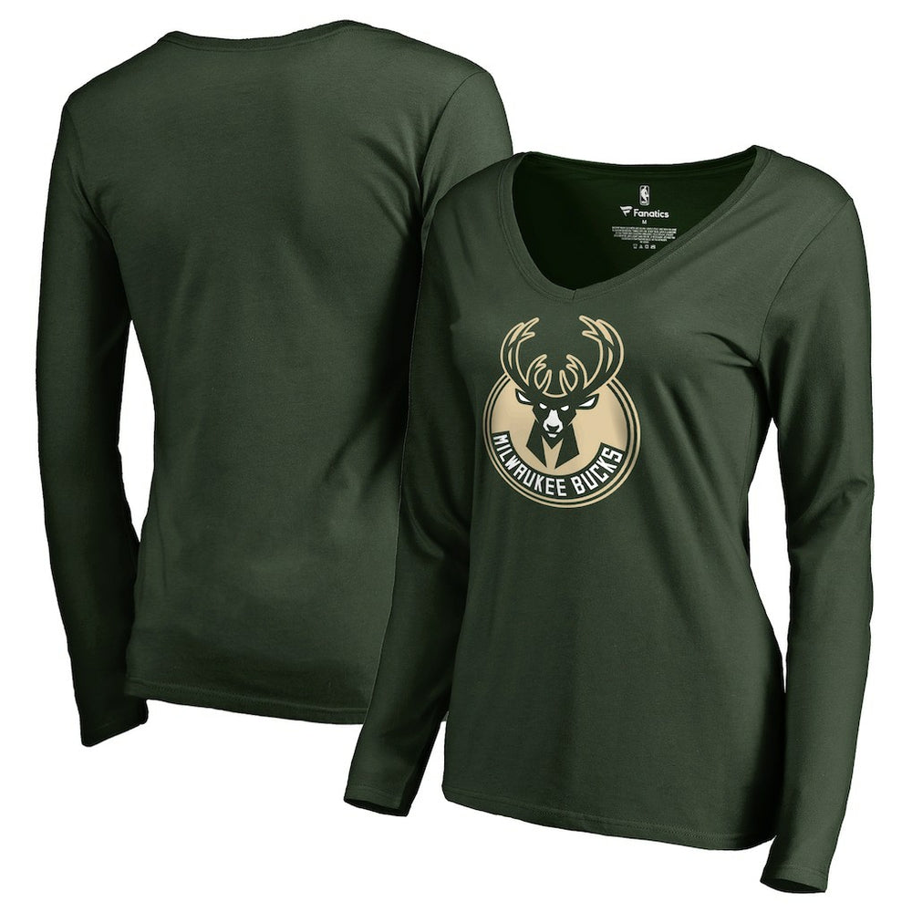 Milwaukee Bucks Women's Primary Logo V-Neck Long Sleeve T-Shirt Green - NBA
