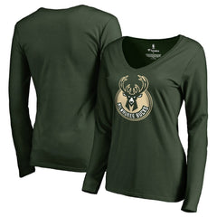 Milwaukee Bucks Women's Primary Logo V-Neck Long Sleeve T-Shirt Green - NBA