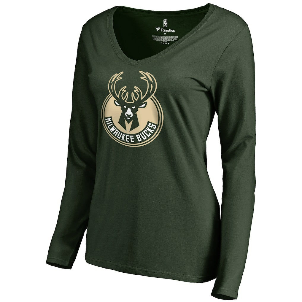 Milwaukee Bucks Women's Primary Logo V-Neck Long Sleeve T-Shirt Green - NBA