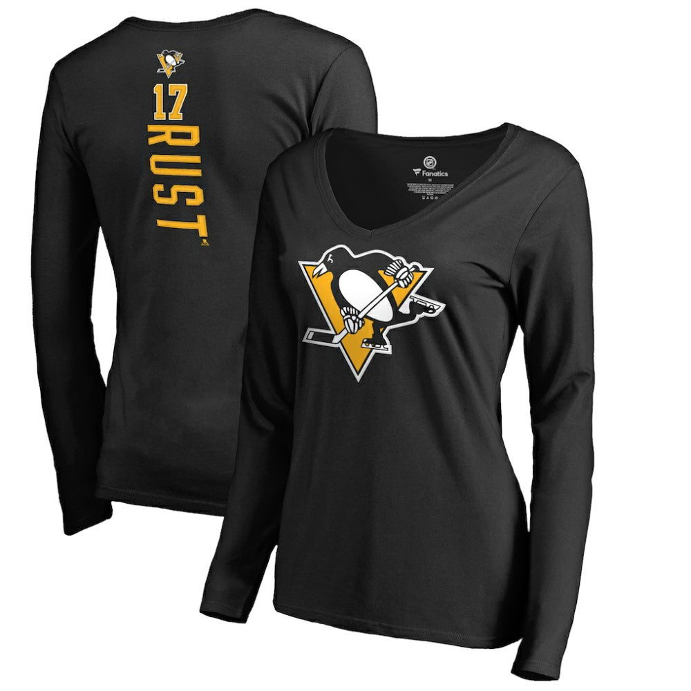 Bryan Rust Pittsburgh Penguins Women's Backer Name & Number Long Sleeve V-Neck T-Shirt - Black - NHL