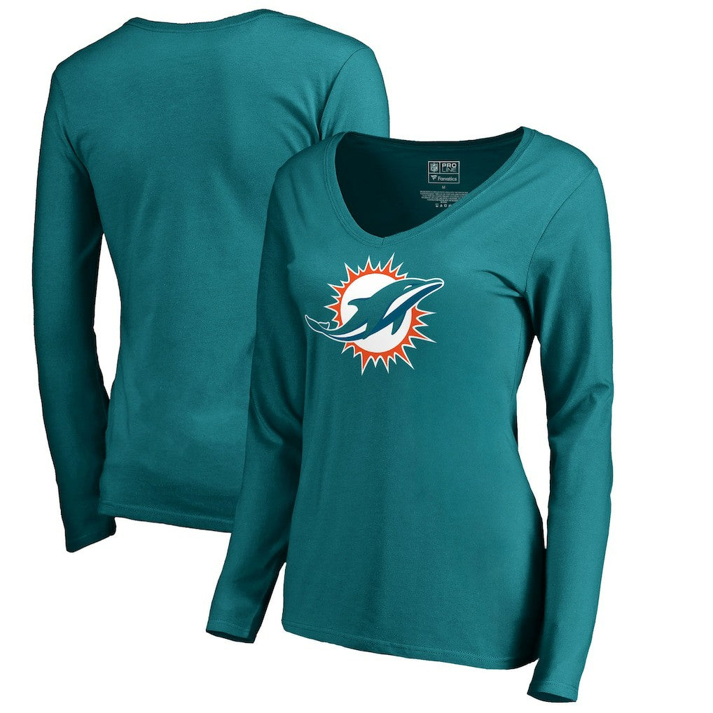 Miami Dolphins Women's Primary Logo V-Neck Long-Sleeve T-Shirt Aqua | NFL
