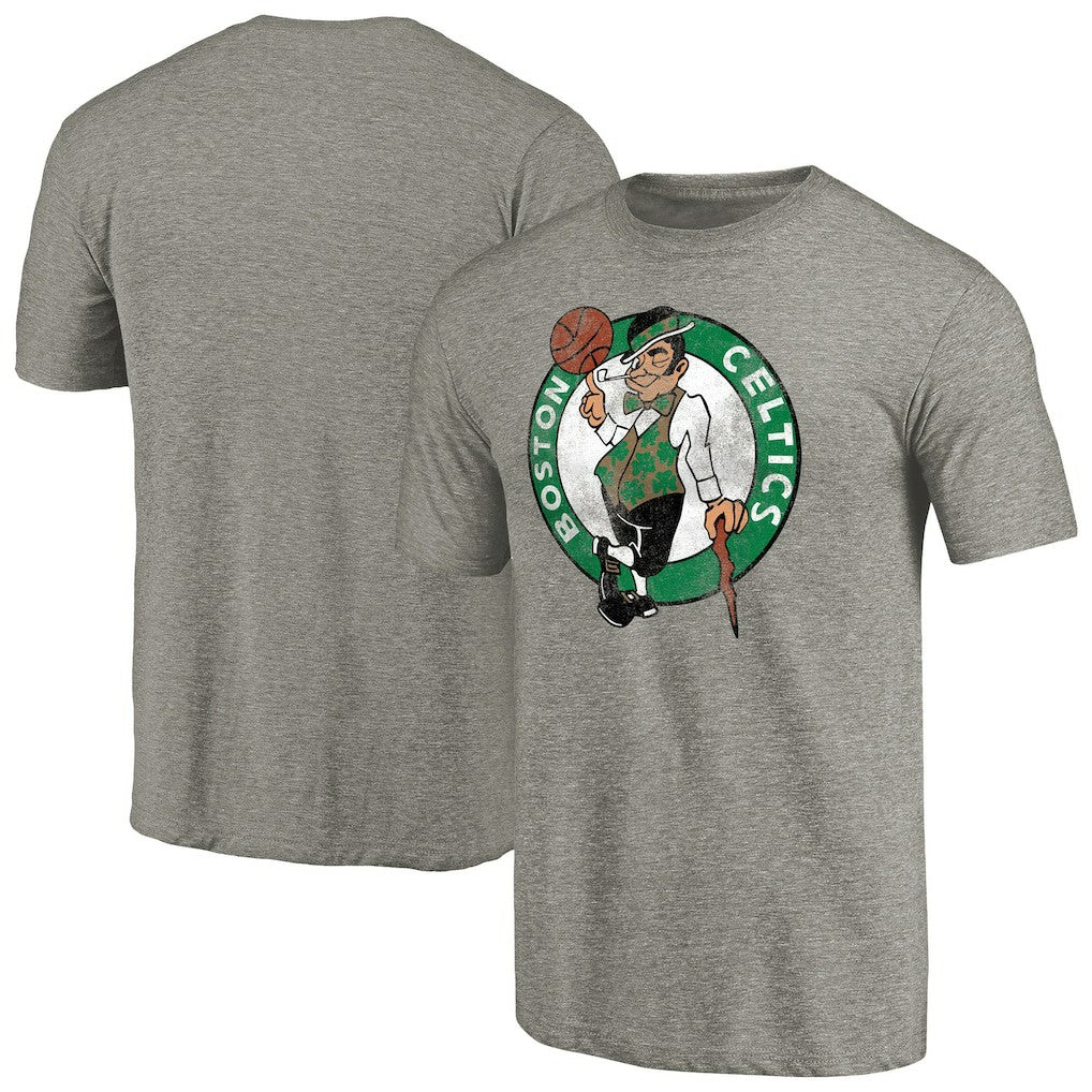 Boston Celtics Distressed Team Logo 2 Tri-Blend V-Neck T-Shirt Heathered Gray - NBA
