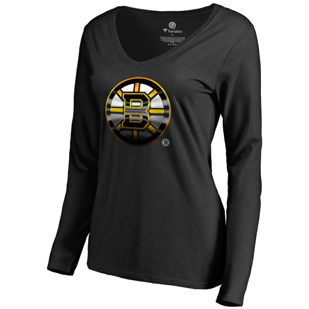 Boston Bruins Women's Midnight Mascot Long Sleeve V-Neck T-Shirt - Black - NHL