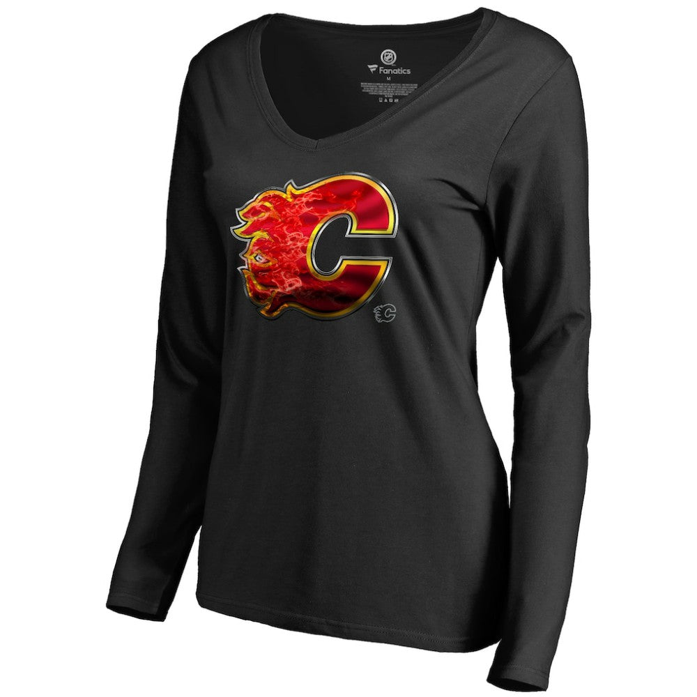 Calgary Flames Women's Midnight Mascot Long Sleeve V-Neck T-Shirt - Black - NHL