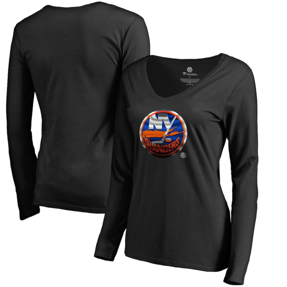 New York Islanders Women's Midnight Mascot Long Sleeve V-Neck T-Shirt - Black - NHL