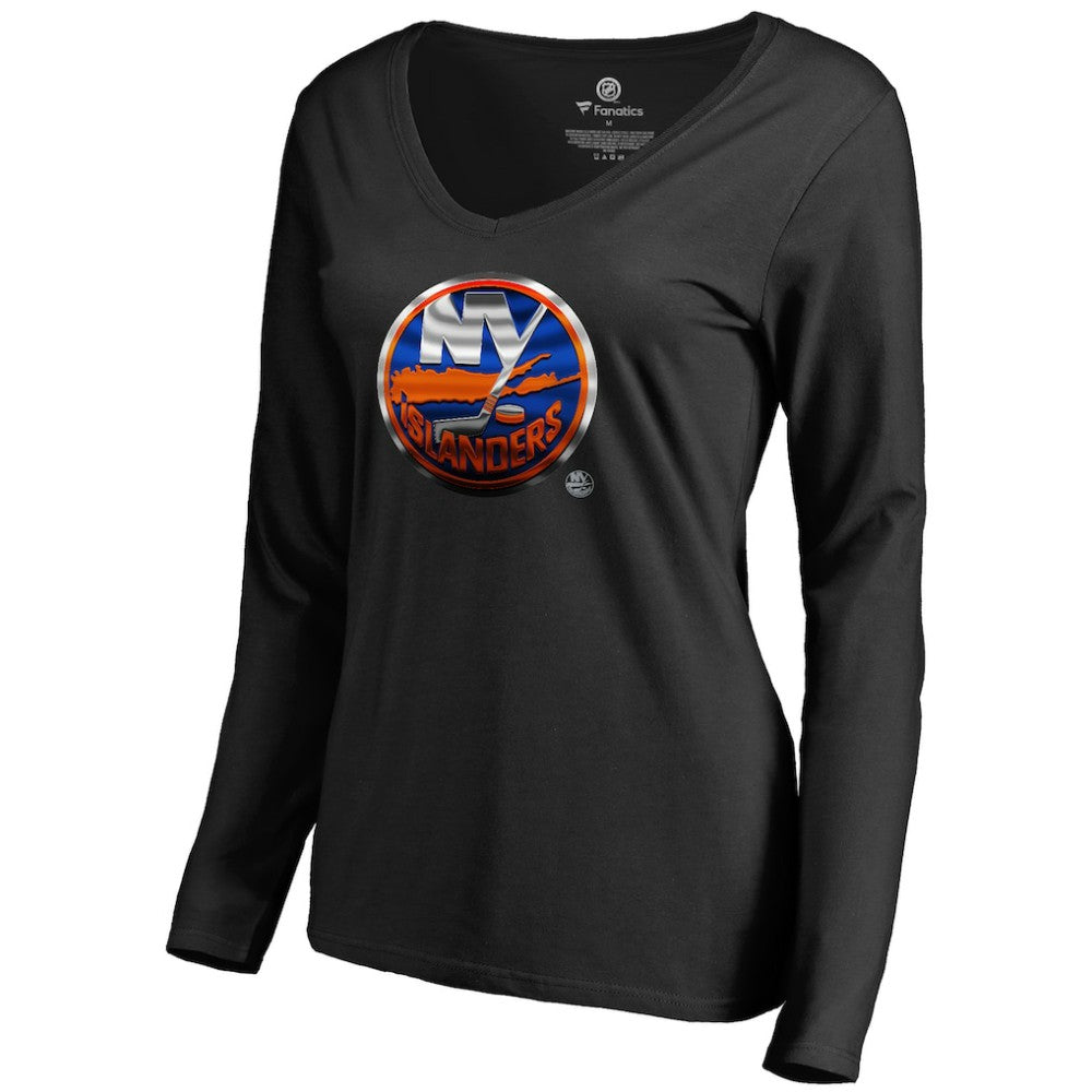 New York Islanders Women's Midnight Mascot Long Sleeve V-Neck T-Shirt - Black - NHL
