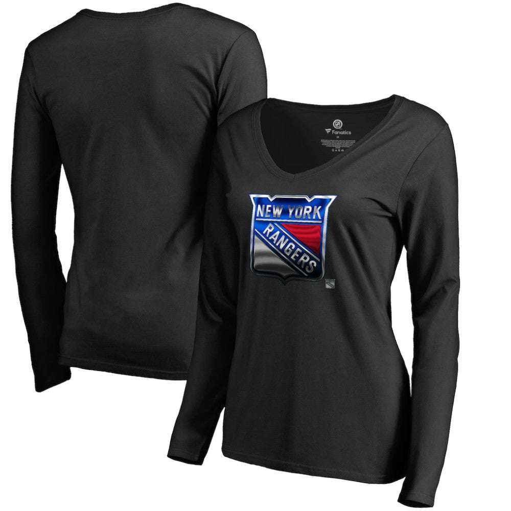 New York Rangers Women's Midnight Mascot Long Sleeve V-Neck T-Shirt - Black - NHL