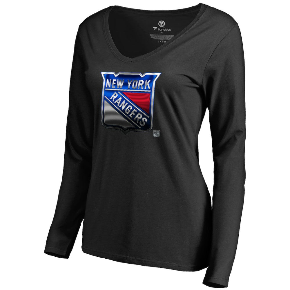 New York Rangers Women's Midnight Mascot Long Sleeve V-Neck T-Shirt - Black - NHL