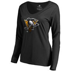 Pittsburgh Penguins Women's Midnight Mascot Long Sleeve V-Neck T-Shirt - Black - NHL