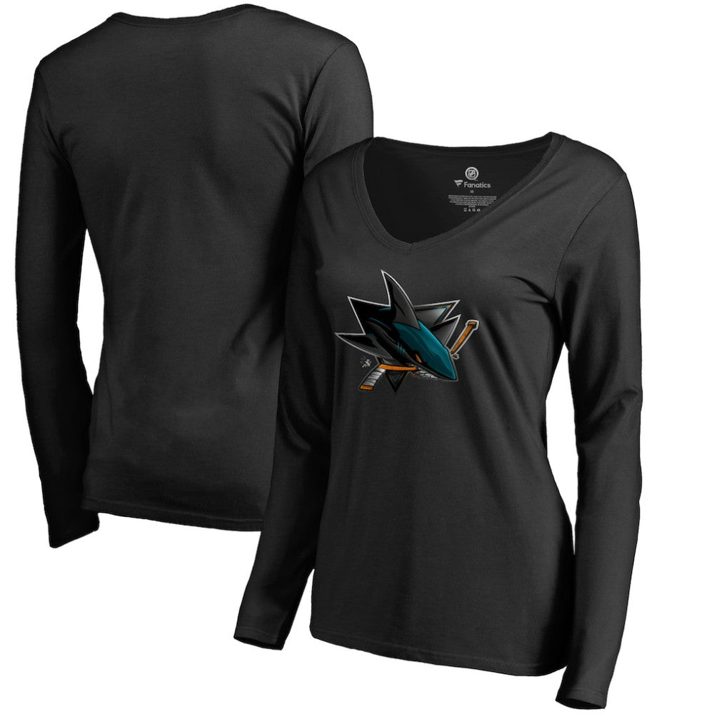 San Jose Sharks Women's Midnight Mascot Long Sleeve V-Neck T-Shirt - Black - NHL