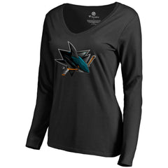 San Jose Sharks Women's Midnight Mascot Long Sleeve V-Neck T-Shirt - Black - NHL