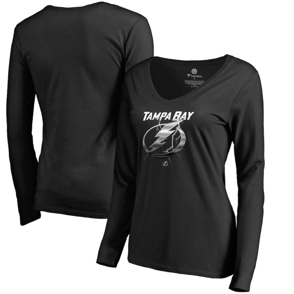Tampa Bay Lightning Women's Midnight Mascot Long Sleeve V-Neck T-Shirt - Black - NHL