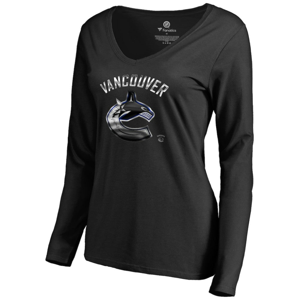 Vancouver Canucks Women's Midnight Mascot Long Sleeve V-Neck T-Shirt - Black - NHL