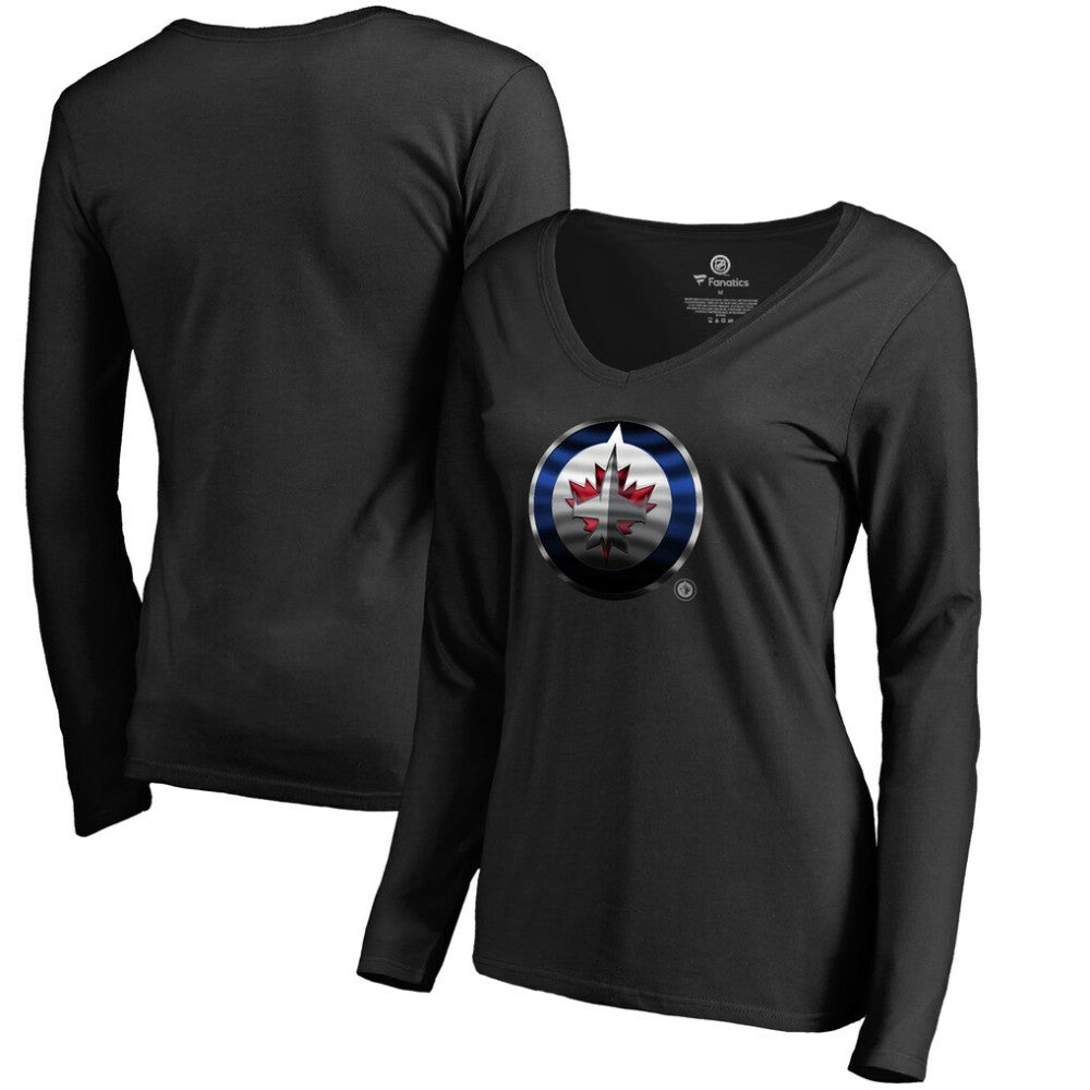 Winnipeg Jets Women's Midnight Mascot Long Sleeve V-Neck T-Shirt - Black - NHL